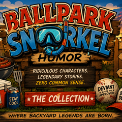 Ballpark Snorkel™ backyard humor collection featuring barbecue, grilling, fireworks, coolers, baseball, and the Backyard Deviants in a fun retro cookout scene.