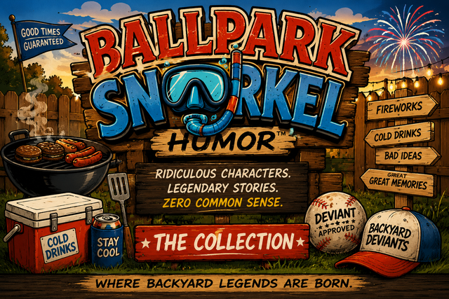 Ballpark Snorkel™ backyard humor collection featuring barbecue, grilling, fireworks, coolers, baseball, and the Backyard Deviants in a fun retro cookout scene.