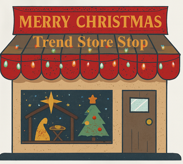Illustrated storefront decorated for Christmas with red awning lights, nativity scene and Christmas tree in the window, and ‘Merry Christmas – Trend Store Stop’ sign.”