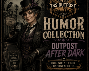 Penelope "Pepper" Graves character portrait for the TSS Outpost After Dark collection, featuring a Victorian-era funeral director with a raven, pocket watch, coffee mug, and dark humor-inspired branding.