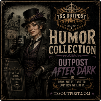 Penelope "Pepper" Graves character portrait for the TSS Outpost After Dark collection, featuring a Victorian-era funeral director with a raven, pocket watch, coffee mug, and dark humor-inspired branding.