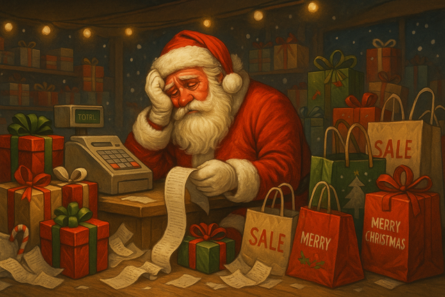 Humorous Christmas artwork of Santa Claus standing at a crowded store checkout surrounded by overflowing shopping bags and long receipts, looking tired but amused, symbolizing the over-commercialization of Christmas.