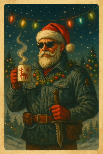 Santa Claus in a military jacket and Christmas hat holding a steaming mug and knife under festive lights, symbolizing strength, service, and the warrior spirit of Christmas.