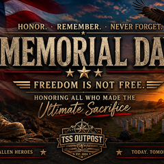 Memorial Day tribute artwork featuring a battlefield cross, American flag, bald eagle, military cemetery at sunset, and the message “Freedom Is Not Free” honoring fallen service members.