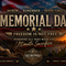 Memorial Day tribute artwork featuring a battlefield cross, American flag, bald eagle, military cemetery at sunset, and the message “Freedom Is Not Free” honoring fallen service members.