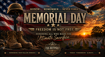 Memorial Day tribute artwork featuring a battlefield cross, American flag, bald eagle, military cemetery at sunset, and the message “Freedom Is Not Free” honoring fallen service members.