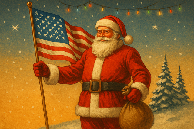 Vintage-style Christmas artwork showing Santa Claus proudly holding an American flag in falling snow, glowing warm light around him, symbolizing faith, freedom, and the true spirit of Christmas.