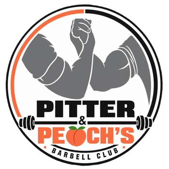 Pitter & Peach's Barbell Club fitness logo with flexed arm and barbell, representing strength training, weightlifting, and gym culture.