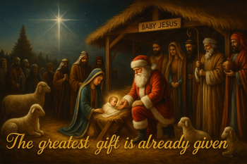Vintage-style Christmas artwork of Santa Claus kneeling beside the manger as Mary watches over baby Jesus, warm golden light glowing from the manger, symbolizing faith and reverence.