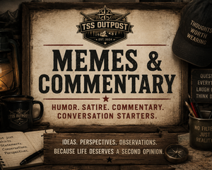 Memes & Commentary collection banner featuring TSS Outpost branding, humor, satire, commentary, and conversation-starting apparel inspired by culture, current events, history, and everyday life.