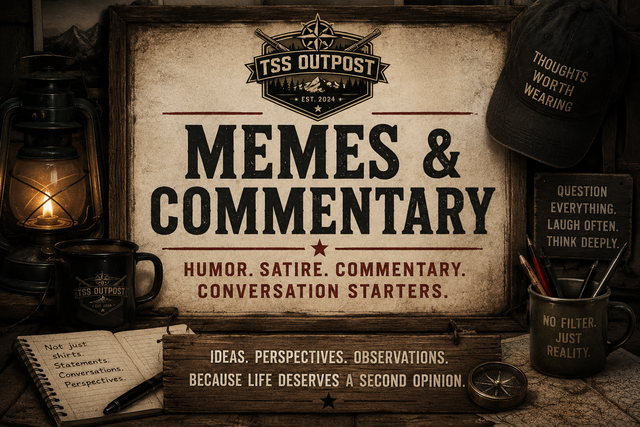 Memes & Commentary collection banner featuring TSS Outpost branding, humor, satire, commentary, and conversation-starting apparel inspired by culture, current events, history, and everyday life.