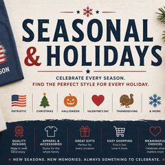 Collection features festive symbols like a Christmas tree, a smiling Halloween pumpkin, colorful Easter eggs, and autumn leaves. The text Seasonal & Holidays Collection is displayed in a bright, cheerful font, capturing the essence of various holidays.
