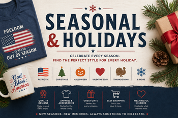 Collection features festive symbols like a Christmas tree, a smiling Halloween pumpkin, colorful Easter eggs, and autumn leaves. The text Seasonal & Holidays Collection is displayed in a bright, cheerful font, capturing the essence of various holidays.