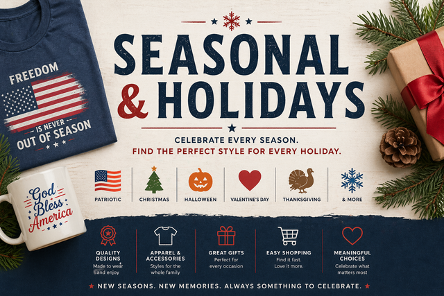 Collection features festive symbols like a Christmas tree, a smiling Halloween pumpkin, colorful Easter eggs, and autumn leaves. The text Seasonal & Holidays Collection is displayed in a bright, cheerful font, capturing the essence of various holidays.