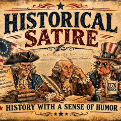 Historical Satire collection banner featuring vintage typography reading “Historical Satire” with the subtitle “History With a Sense of Humor” on a parchment background inspired by Revolutionary-era political cartoons.