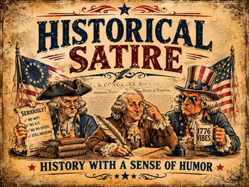 Historical Satire collection banner featuring vintage typography reading “Historical Satire” with the subtitle “History With a Sense of Humor” on a parchment background inspired by Revolutionary-era political cartoons.