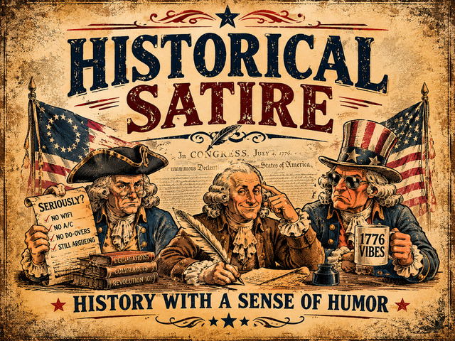 Historical Satire collection banner featuring vintage typography reading “Historical Satire” with the subtitle “History With a Sense of Humor” on a parchment background inspired by Revolutionary-era political cartoons.