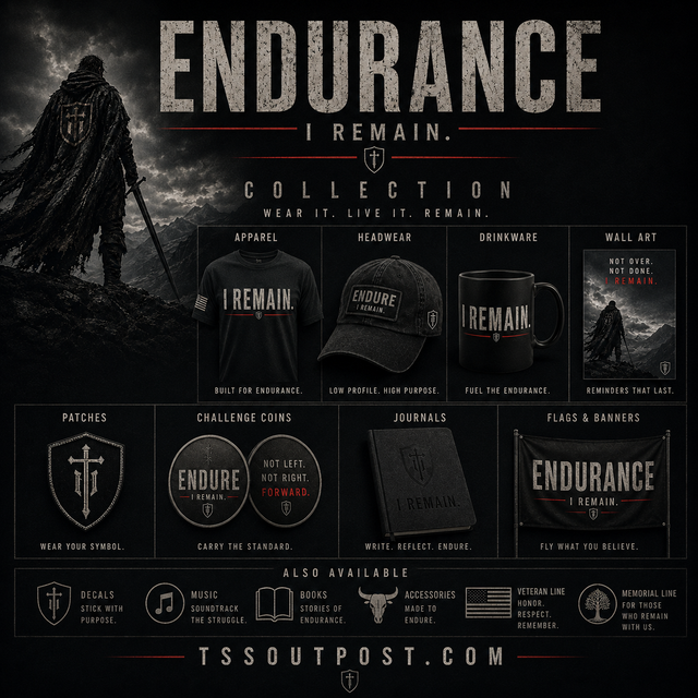 Dark “Endurance – I Remain” collection graphic featuring a lone warrior beside endurance-themed apparel, hats, drinkware, patches, journals, flags, and accessories by TSSOutpost.com.