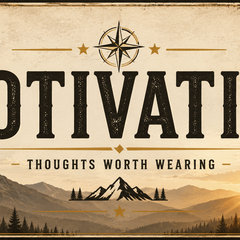 Motivation collection banner featuring bold vintage typography reading “MOTIVATION” with the subtitle “Thoughts Worth Wearing” over a mountain sunrise and pine forest in a rugged Americana style.