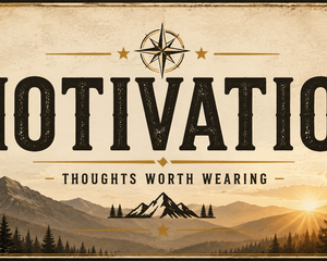 Motivation collection banner featuring bold vintage typography reading “MOTIVATION” with the subtitle “Thoughts Worth Wearing” over a mountain sunrise and pine forest in a rugged Americana style.