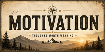 Motivation collection banner featuring bold vintage typography reading “MOTIVATION” with the subtitle “Thoughts Worth Wearing” over a mountain sunrise and pine forest in a rugged Americana style.