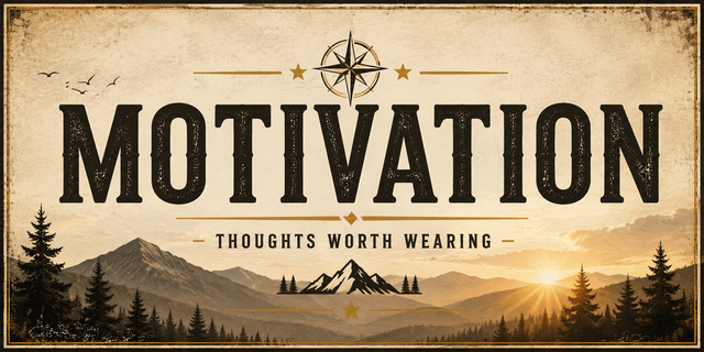 Motivation collection banner featuring bold vintage typography reading “MOTIVATION” with the subtitle “Thoughts Worth Wearing” over a mountain sunrise and pine forest in a rugged Americana style.