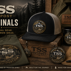 TSS Outpost Originals collection image featuring a branded snapback hat, logo t-shirt, camp mug, collectible patch, and notebook in a rustic mountain setting with the tagline Original Gear. Uncommon Ideas.