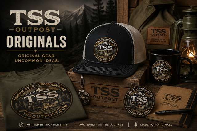 TSS Outpost Originals collection image featuring a branded snapback hat, logo t-shirt, camp mug, collectible patch, and notebook in a rustic mountain setting with the tagline Original Gear. Uncommon Ideas.