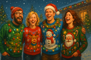 Group of cheerful people wearing over-the-top Christmas sweatshirts decorated with lights, ornaments, and tinsel, laughing together in a cozy festive room with warm lighting