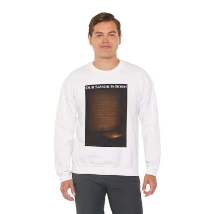 Our Savior Is Born – Full Scripture Manger Panel Sweatshirt – Luke 2:1–14 – Religious Path Collection – Christian Christmas Crewneck