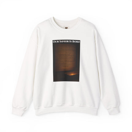 Our Savior Is Born – Full Scripture Manger Panel Sweatshirt – Luke 2:1–14 – Religious Path Collection – Christian Christmas Crewneck