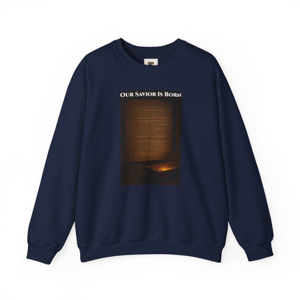Our Savior Is Born – Full Scripture Manger Panel Sweatshirt – Luke 2:1–14 – Religious Path Collection – Christian Christmas Crewneck