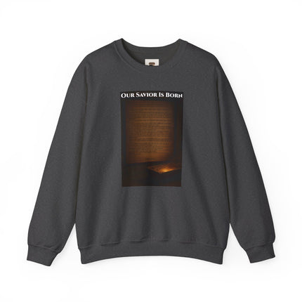 Our Savior Is Born – Full Scripture Manger Panel Sweatshirt – Luke 2:1–14 – Religious Path Collection – Christian Christmas Crewneck