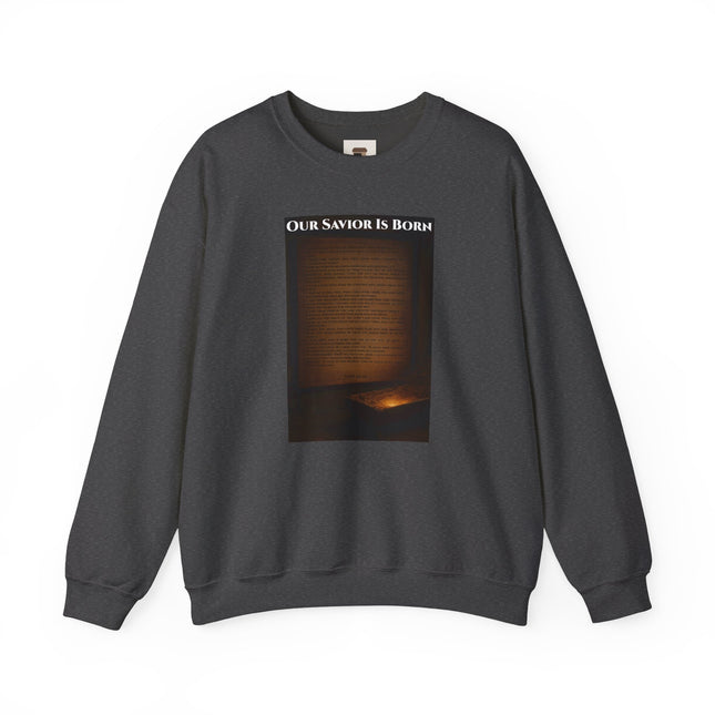Our Savior Is Born – Full Scripture Manger Panel Sweatshirt – Luke 2:1–14 – Religious Path Collection – Christian Christmas Crewneck