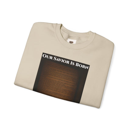 Our Savior Is Born – Full Scripture Manger Panel Sweatshirt – Luke 2:1–14 – Religious Path Collection – Christian Christmas Crewneck