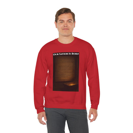 Our Savior Is Born – Full Scripture Manger Panel Sweatshirt – Luke 2:1–14 – Religious Path Collection – Christian Christmas Crewneck