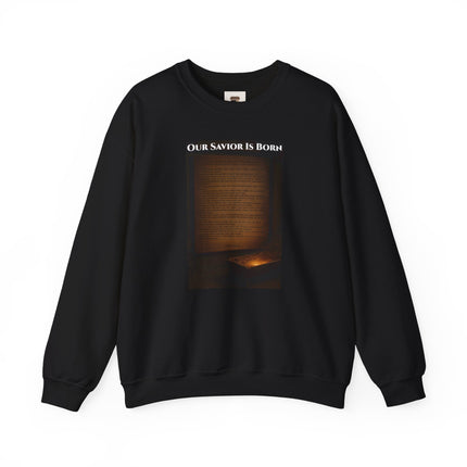 Our Savior Is Born – Full Scripture Manger Panel Sweatshirt – Luke 2:1–14 – Religious Path Collection – Christian Christmas Crewneck