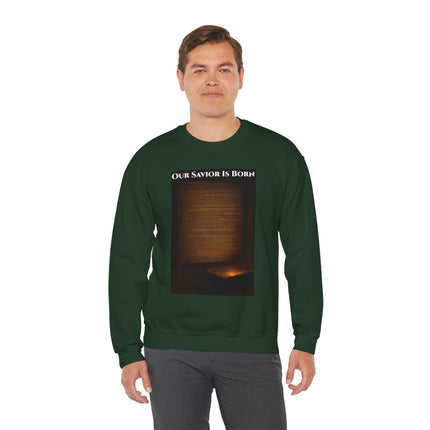 Our Savior Is Born – Full Scripture Manger Panel Sweatshirt – Luke 2:1–14 – Religious Path Collection – Christian Christmas Crewneck