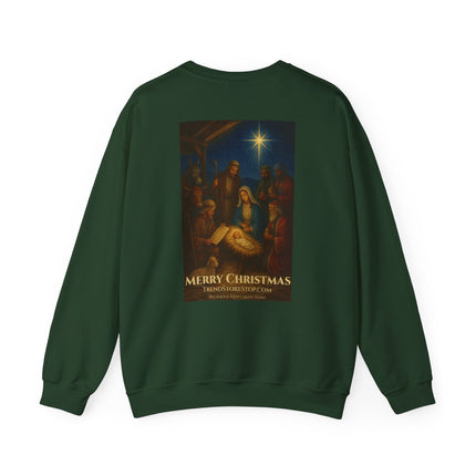 Our Savior Is Born – Full Scripture Manger Panel Sweatshirt – Luke 2:1–14 – Religious Path Collection – Christian Christmas Crewneck