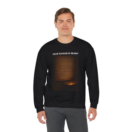 Our Savior Is Born – Full Scripture Manger Panel Sweatshirt – Luke 2:1–14 – Religious Path Collection – Christian Christmas Crewneck