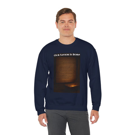 Our Savior Is Born – Full Scripture Manger Panel Sweatshirt – Luke 2:1–14 – Religious Path Collection – Christian Christmas Crewneck
