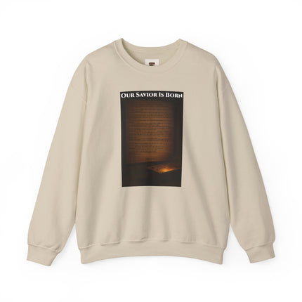 Our Savior Is Born – Full Scripture Manger Panel Sweatshirt – Luke 2:1–14 – Religious Path Collection – Christian Christmas Crewneck