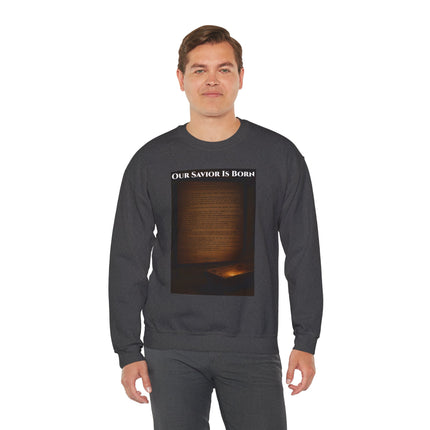 Our Savior Is Born – Full Scripture Manger Panel Sweatshirt – Luke 2:1–14 – Religious Path Collection – Christian Christmas Crewneck