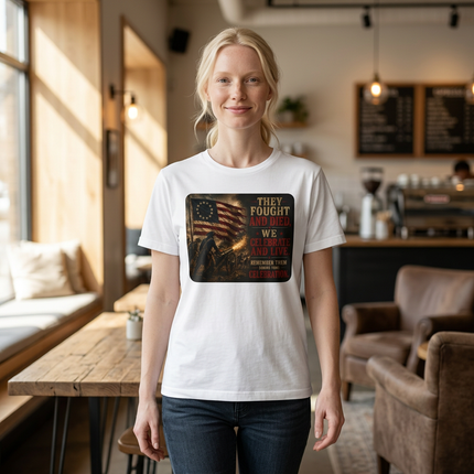 They Fought and Died. We Celebrate and Live. – Patriotic July 4th Shirt - Unisex CVC Jersey T-shirt