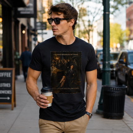 The Family Requested an Update. We Told Them He's Still Breathing. | Dark Humor Unisex Graphic T-Shirt