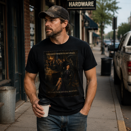 The Family Requested an Update. We Told Them He's Still Breathing. | Dark Humor Unisex Graphic T-Shirt
