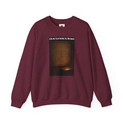 Our Savior Is Born – Full Scripture Manger Panel Sweatshirt – Luke 2:1–14 – Religious Path Collection – Christian Christmas Crewneck