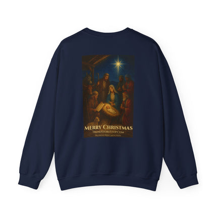 Our Savior Is Born – Full Scripture Manger Panel Sweatshirt – Luke 2:1–14 – Religious Path Collection – Christian Christmas Crewneck