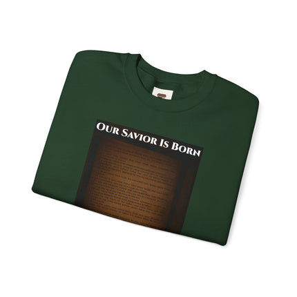 Our Savior Is Born – Full Scripture Manger Panel Sweatshirt – Luke 2:1–14 – Religious Path Collection – Christian Christmas Crewneck