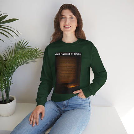 Our Savior Is Born – Full Scripture Manger Panel Sweatshirt – Luke 2:1–14 – Religious Path Collection – Christian Christmas Crewneck
